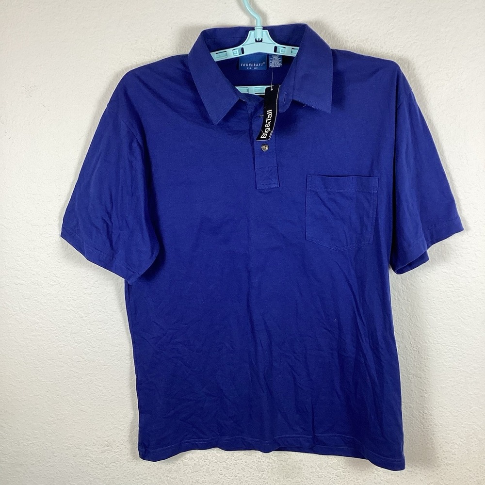 TownCraft Mens Polo Sz L Large Tall Short Sleeve Collared Solid Blue New Stains
